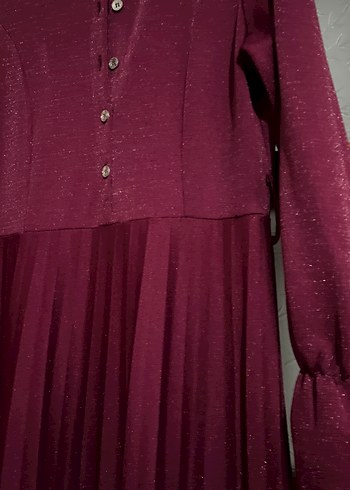 Bordo Uzun Kollu Piliseli Kadın Elbise - Görsel 5