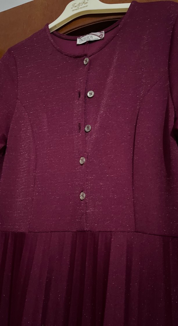 Bordo Uzun Kollu Piliseli Kadın Elbise - Görsel 3