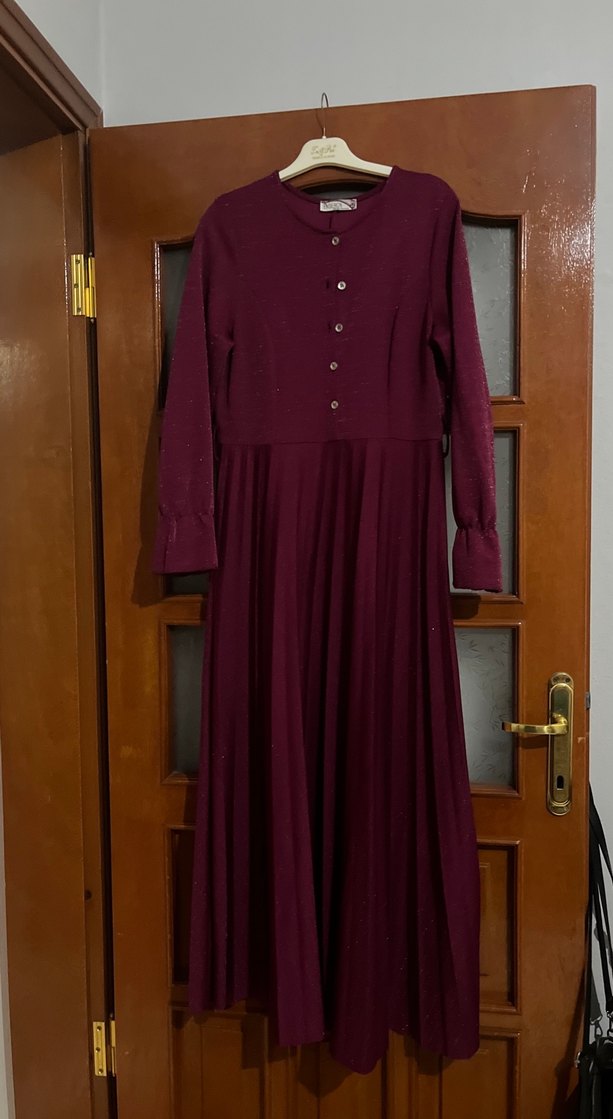 Bordo Uzun Kollu Piliseli Kadın Elbise - Görsel 2