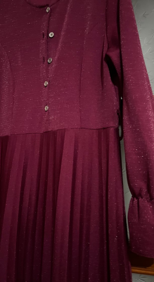 Bordo Uzun Kollu Piliseli Kadın Elbise - Görsel 5