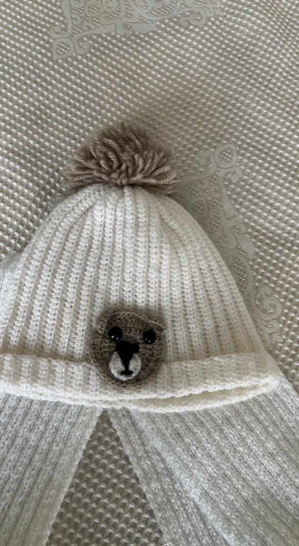 Nakışlı Beyaz Örgü Çocuk Bere ve Atkı Seti - Görsel 3