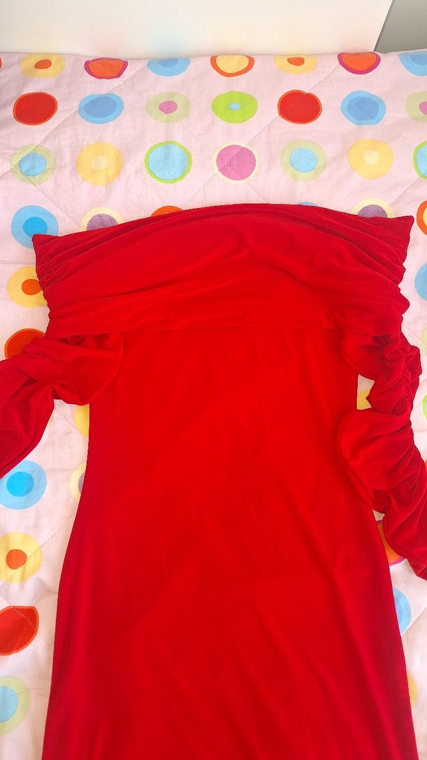 Kırmızı Straplez Uzun Kollu Elbise - Görsel 4