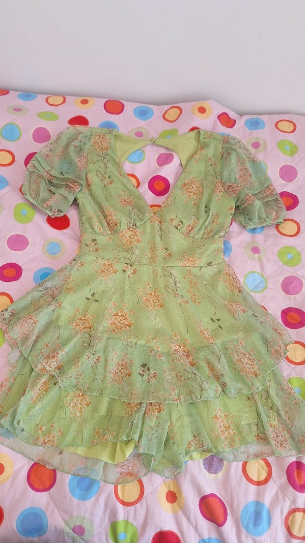 Yeşil V Yaka Fırfırlı Mini Elbise Tulum - Görsel 3