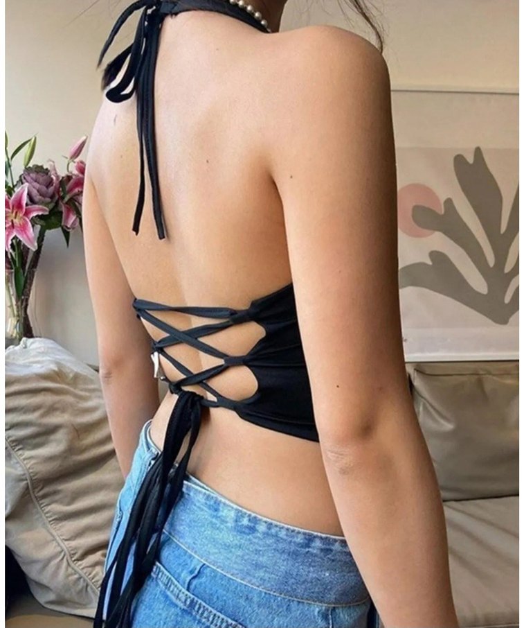 Siyah Renkli Halter Yaka Crop Top - Görsel 3