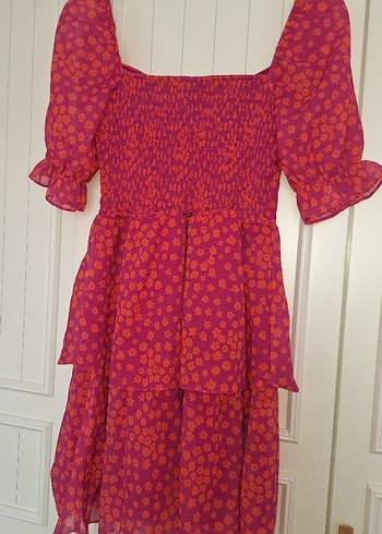 Pembe Çiçekli Şifon Elbise - Görsel 5