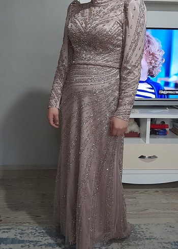 Bej Drapeli Uzun Kollu Abiye Elbise