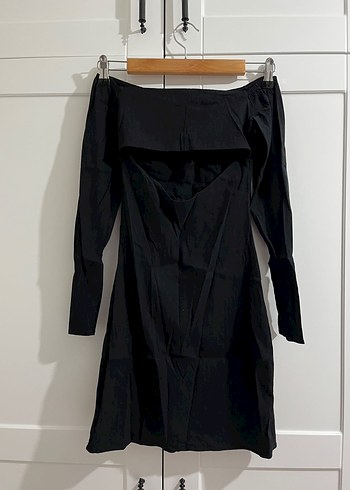 Siyah Straplez Yaka Uzun Kollu Mini Elbise - Görsel 2