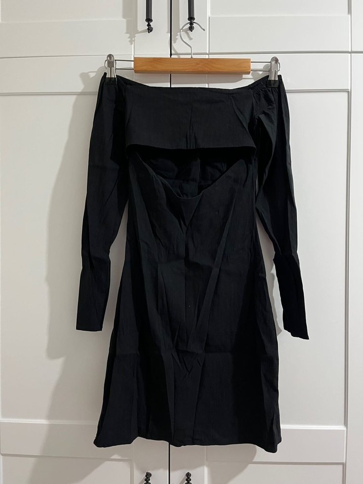 Siyah Straplez Yaka Uzun Kollu Mini Elbise - Görsel 2