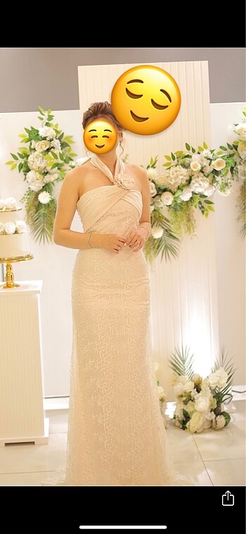 Beyaz İnci İşlemeli saten tül nişan nikah elbise