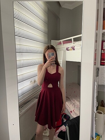 Pencere Detaylı Bordo Elbise