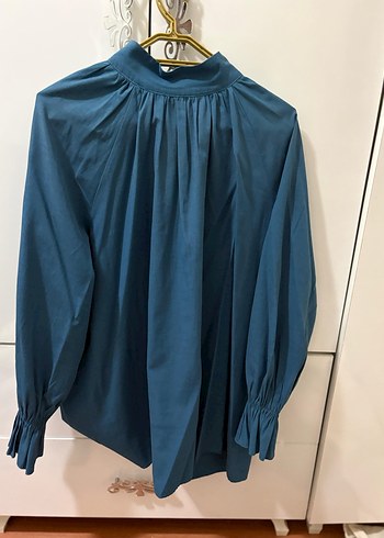 Drapeli Keten Hamile Bluzu, Uzun Kollu, Mavi - Görsel 3