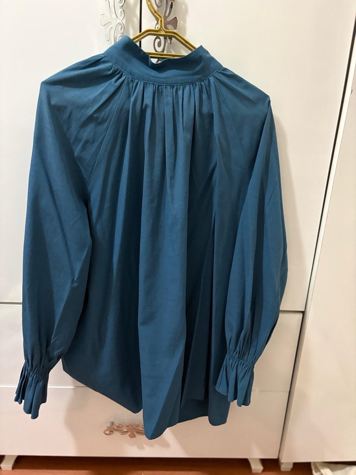 Drapeli Keten Hamile Bluzu, Uzun Kollu, Mavi - Görsel 2