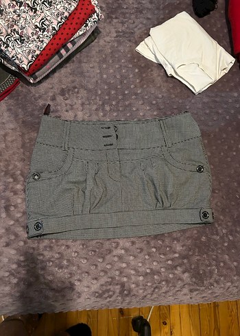 American Vintage Düğmeli Gri Mini Kot Etek