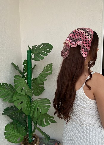 Beden pembe Renk Dantel Detaylı Pembe Örgü Bandana