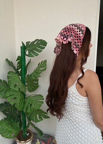 Dantel Detaylı Pembe Örgü Bandana - Görsel 3