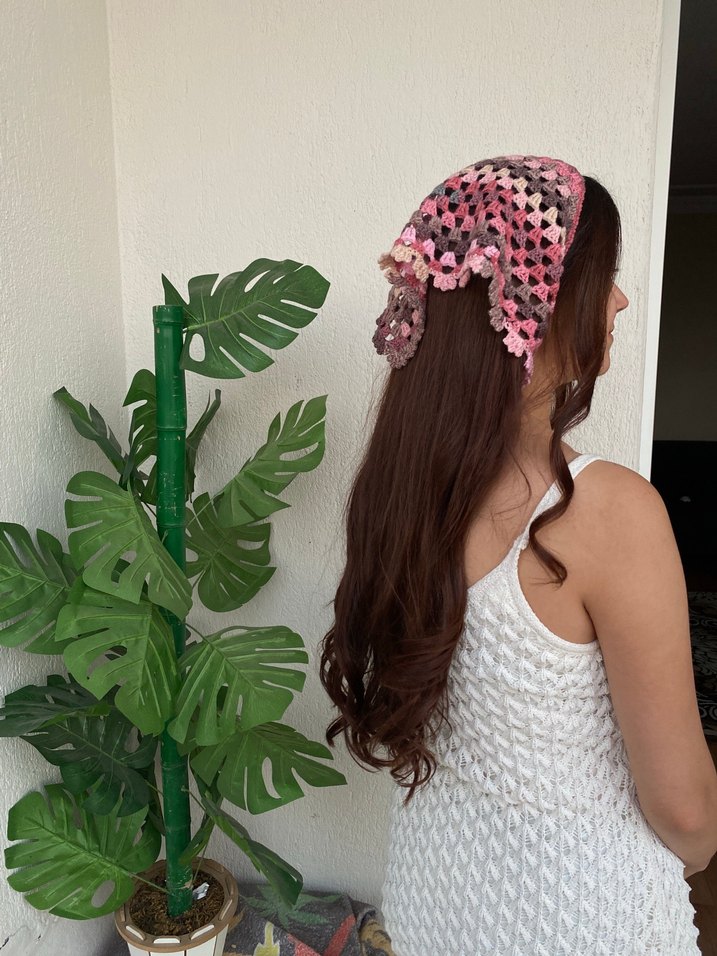 Dantel Detaylı Pembe Örgü Bandana - Görsel 3