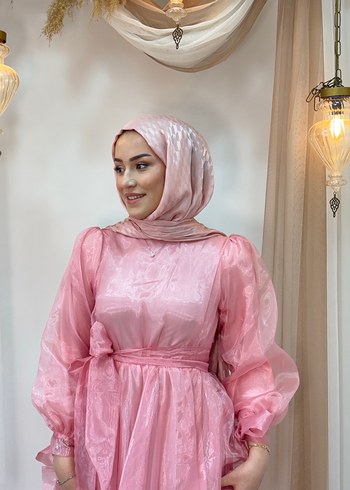 Pembe Uzun Kollu Bağlama Desenli Tesettür Abiye - Görsel 8