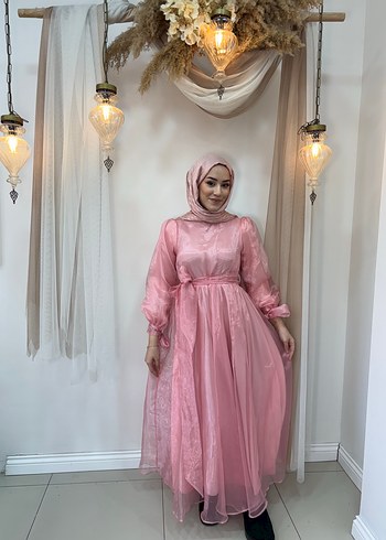 Pembe Uzun Kollu Bağlama Desenli Tesettür Abiye - Görsel 4