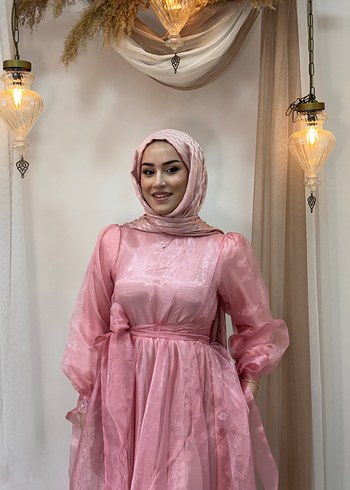 Pembe Uzun Kollu Bağlama Desenli Tesettür Abiye - Görsel 6