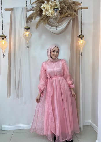 Pembe Uzun Kollu Bağlama Desenli Tesettür Abiye - Görsel 5