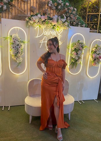 Parlak Turuncu Straplez Uzun Drapeli Abiye - Görsel 5