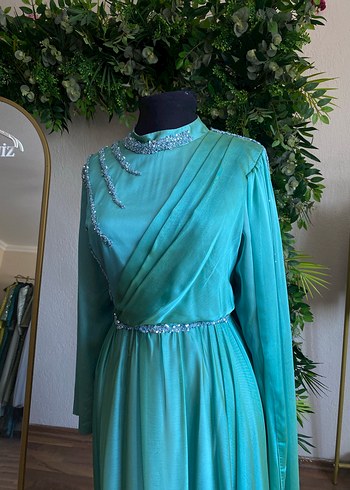 Uzun Turkuaz Drapeli Abiye Elbise tesettür - Görsel 3