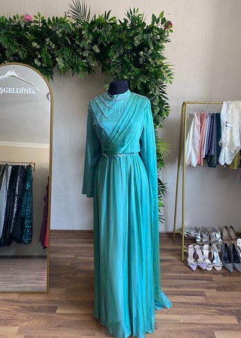 Uzun Turkuaz Drapeli Abiye Elbise tesettür - Görsel 5