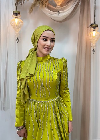 Parlak Nakışlı Haki Tesettür Abiye Elbise tesettür - Görsel 6
