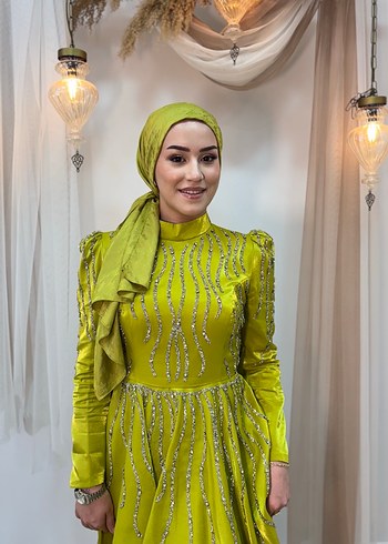 Parlak Nakışlı Haki Tesettür Abiye Elbise tesettür - Görsel 7