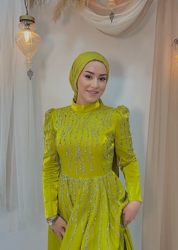 Parlak Nakışlı Haki Tesettür Abiye Elbise tesettür - Görsel 10