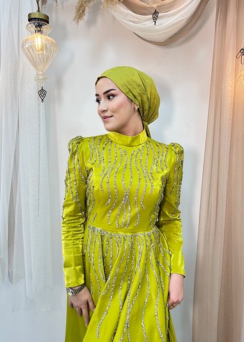 Parlak Nakışlı Haki Tesettür Abiye Elbise tesettür - Görsel 17