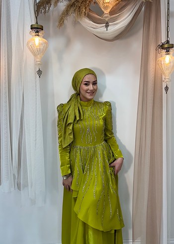 Parlak Nakışlı Haki Tesettür Abiye Elbise tesettür - Görsel 5