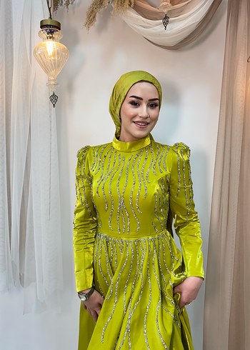 Parlak Nakışlı Haki Tesettür Abiye Elbise tesettür - Görsel 15