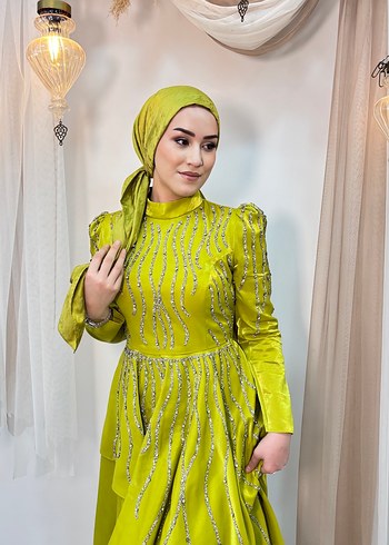 Parlak Nakışlı Haki Tesettür Abiye Elbise tesettür - Görsel 14