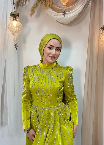 Parlak Nakışlı Haki Tesettür Abiye Elbise tesettür - Görsel 8