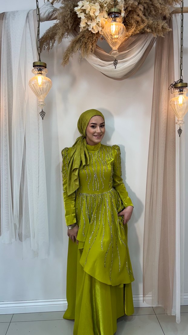 Parlak Nakışlı Haki Tesettür Abiye Elbise tesettür - Görsel 5