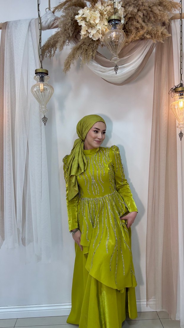 Parlak Nakışlı Haki Tesettür Abiye Elbise tesettür - Görsel 4