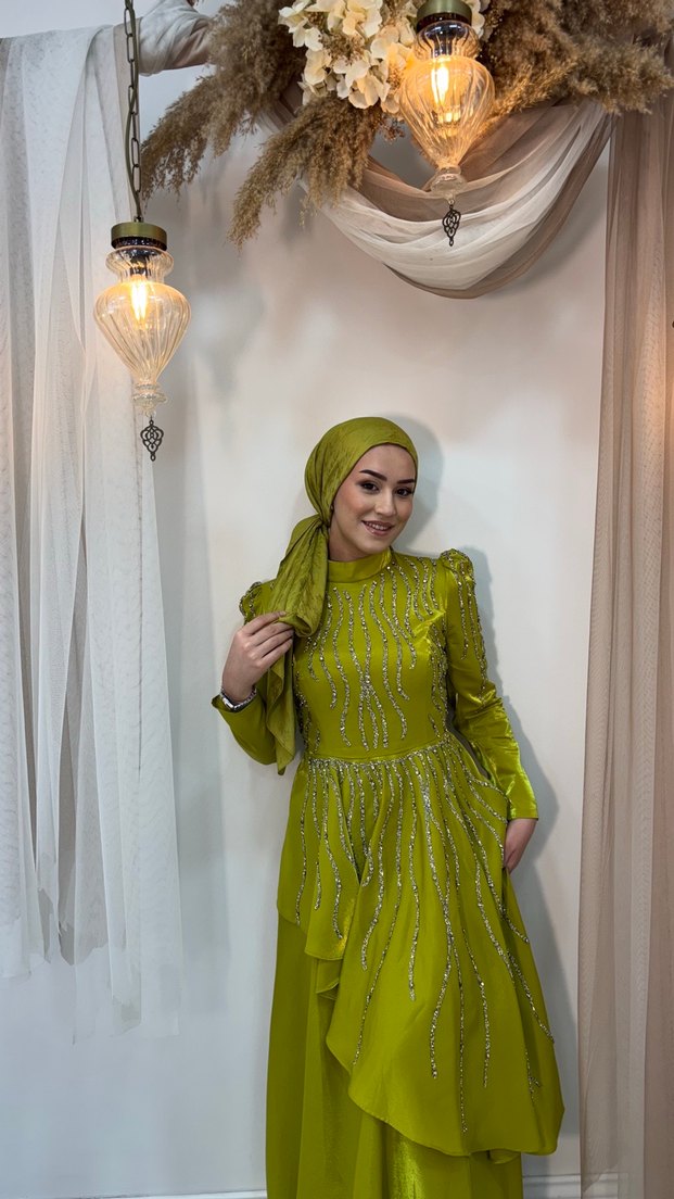 Parlak Nakışlı Haki Tesettür Abiye Elbise tesettür - Görsel 2