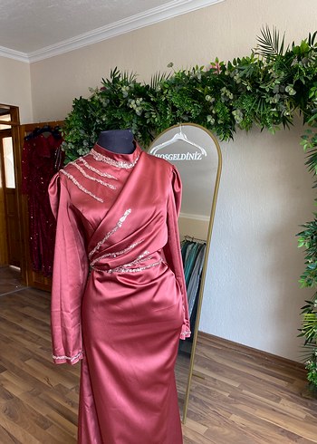 Bordo İşlemeli Uzun Kollu Abiye Elbise tesettür kuyruklu - Görsel 5