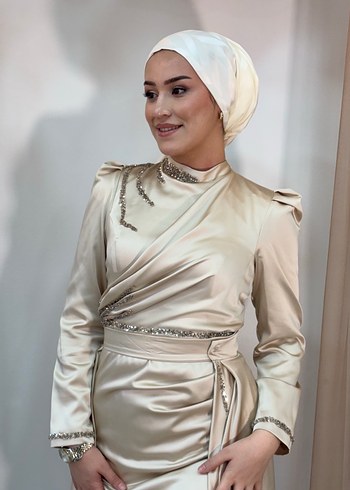 Bej Uzun Kollu V Yaka Nakışlı Abiye Elbise tesettür - Görsel 7