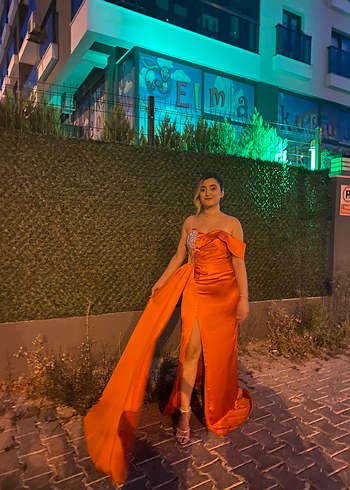 Straplez Parlak Turuncu Uzun Kadın Abiye - Görsel 5