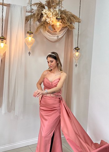 Pembe Drapeli Uzun Abiye Elbise - Görsel 5