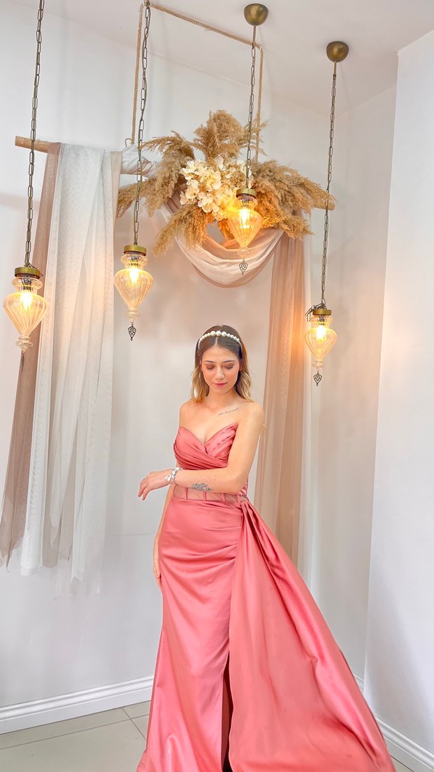 Pembe Drapeli Uzun Abiye Elbise - Görsel 4