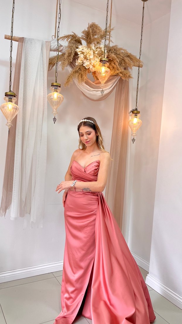 Pembe Drapeli Uzun Abiye Elbise - Görsel 3