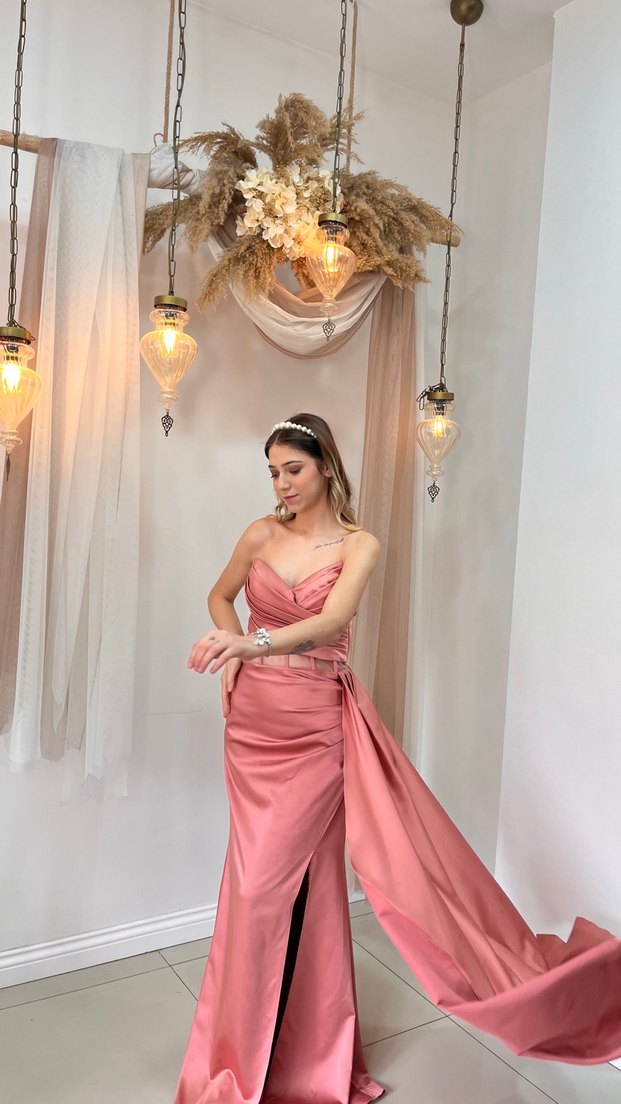 Pembe Drapeli Uzun Abiye Elbise - Görsel 5