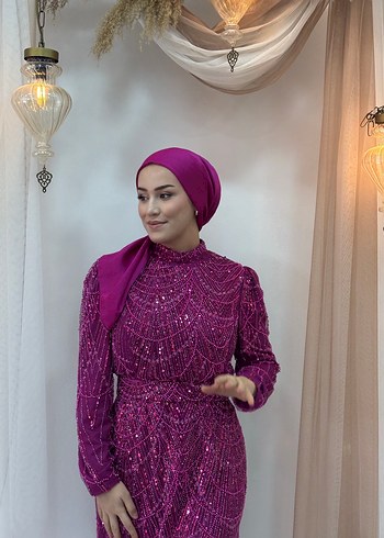 Mor Drapeli Uzun Abiye Elbise 
Tesettür - Görsel 8