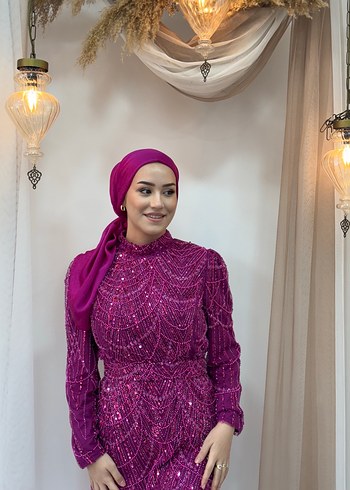 Mor Drapeli Uzun Abiye Elbise 
Tesettür - Görsel 4