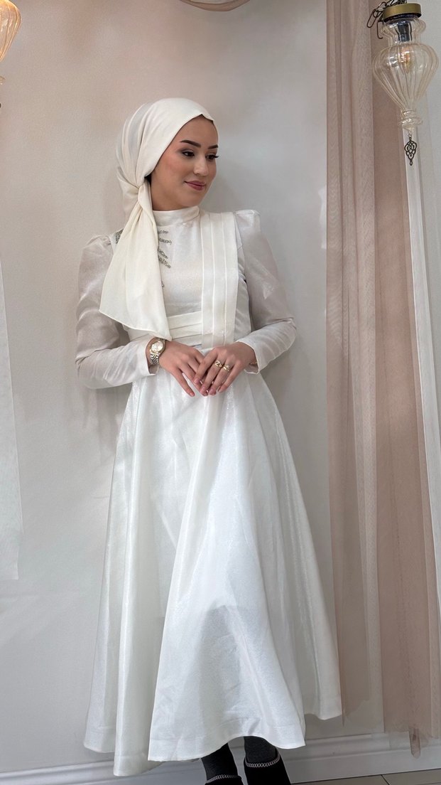 Beyaz Dökümlü Kadın nikah tesettür abiye - Görsel 5