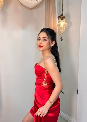 Parlak Kırmızı Uzun Drapeli Gece Elbisesi abiye - Görsel 5