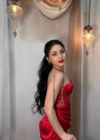 Parlak Kırmızı Uzun Drapeli Gece Elbisesi abiye - Görsel 10